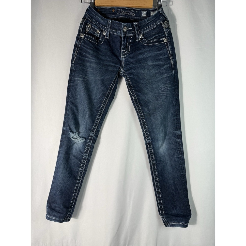 Miss Me Embellished Distressed Slim Skinny Jeans Blue Denim Size 24